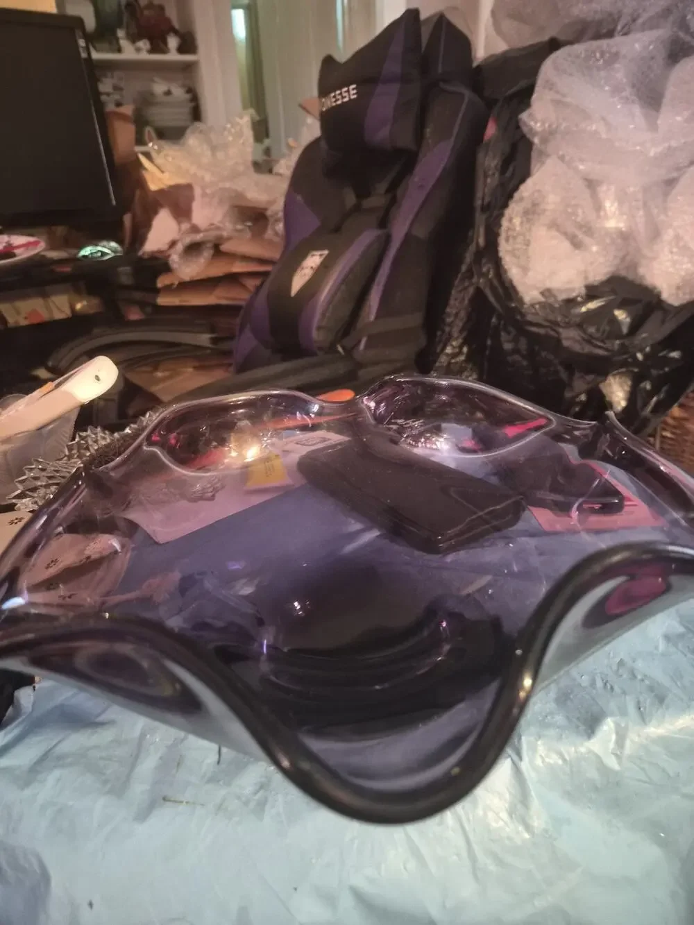 Vintage Lenox Amethyst Crystal purple Art Glass Wave Ruffled Bowl And Has...